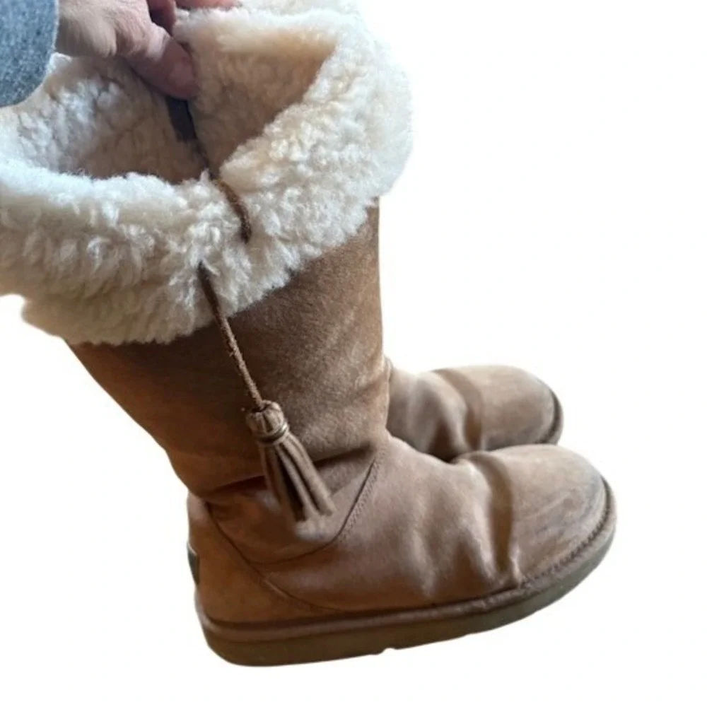 UGG Australia Sunburst Tall 1894 Chestnut‎ Suede Shearling Tassel Boots Womens 8